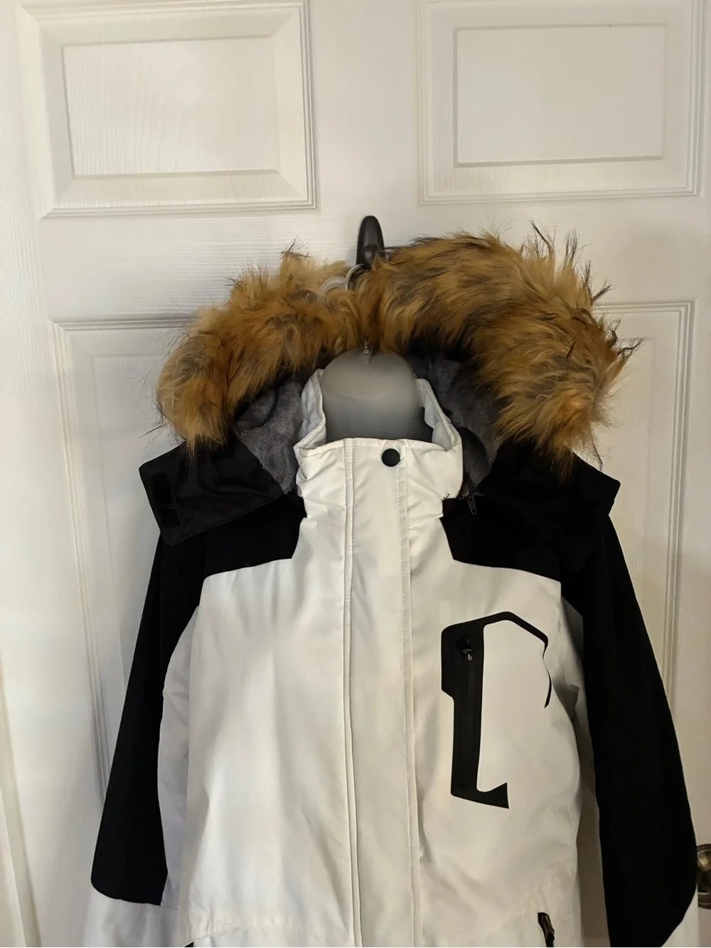 Two-Tone White and Black Winter Jacket with Faux Fur Hood